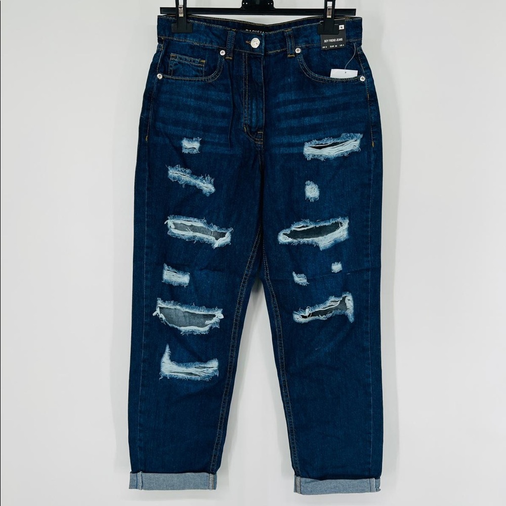 Blue High Waist Ripped Distressed Cuffed Boyfriend Jeans Denim Pants - Picture 10 of 13